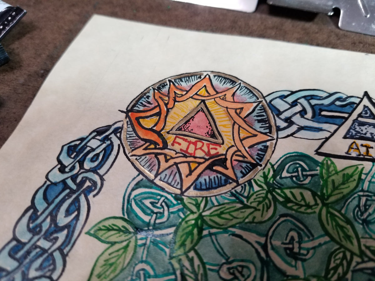 A close-up detail of the painting Elements of Life featuring a central circular emblem with a red triangle and the word 'FIRE' in orange, surrounded by blue knotwork and green leafy branches.